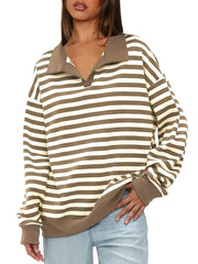 Women's Oversized Contrast Long Sleeve Striped Sweatshirts