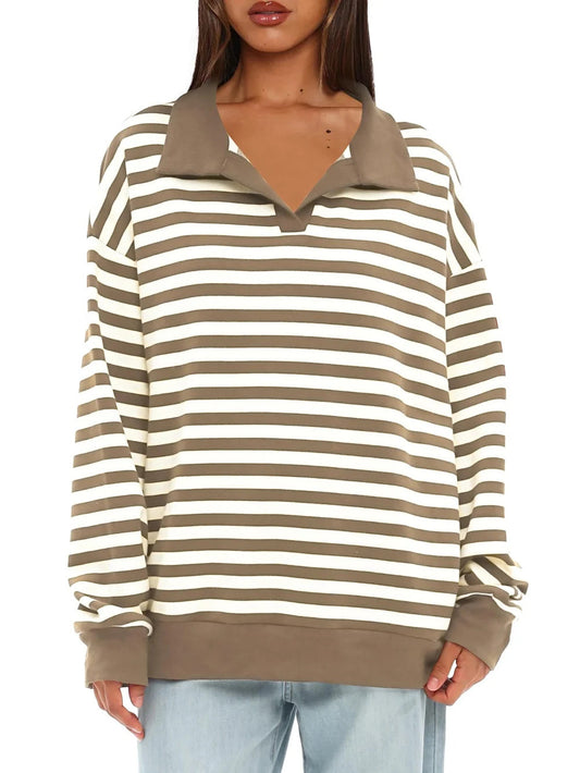 Women's Oversized Contrast Long Sleeve Striped Sweatshirts