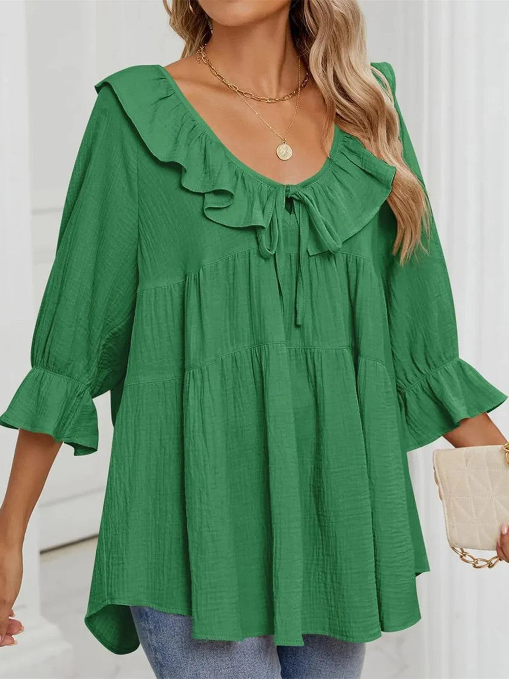 Women's 3/4 Sleeve Tie-Front Ruffled Babydoll Blouse