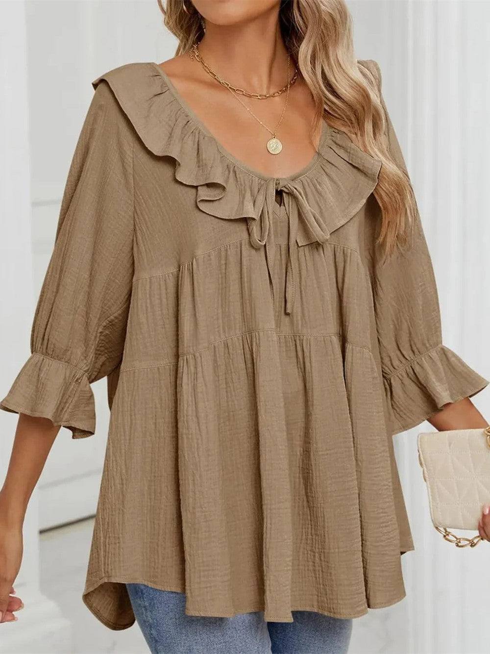 Women's 3/4 Sleeve Tie-Front Ruffled Babydoll Blouse