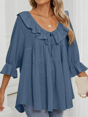 Women's 3/4 Sleeve Tie-Front Ruffled Babydoll Blouse