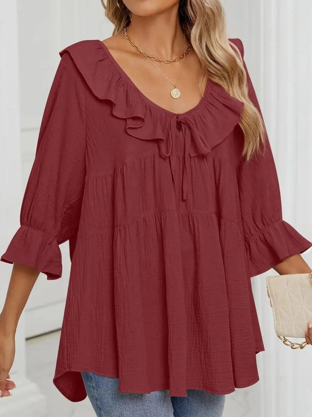 Women's 3/4 Sleeve Tie-Front Ruffled Babydoll Blouse