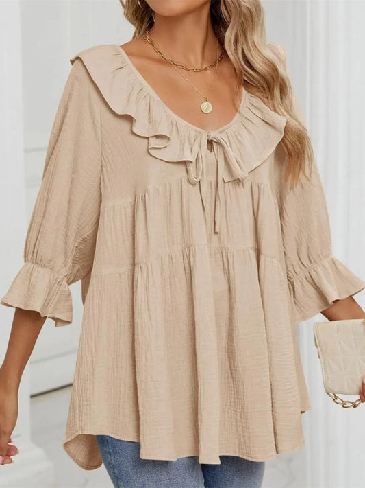 Women's 3/4 Sleeve Tie-Front Ruffled Babydoll Blouse