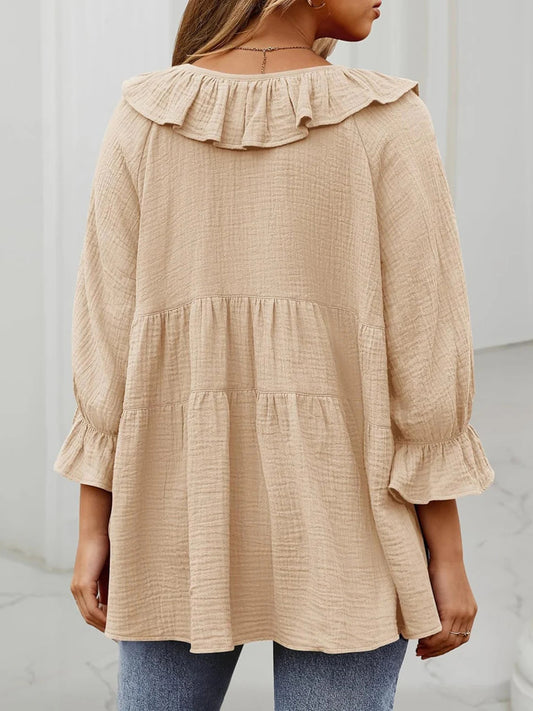 Women's 3/4 Sleeve Tie-Front Ruffled Babydoll Blouse