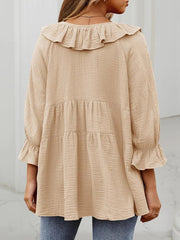 Women's 3/4 Sleeve Tie-Front Ruffled Babydoll Blouse