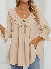 Women's 3/4 Sleeve Tie-Front Ruffled Babydoll Blouse