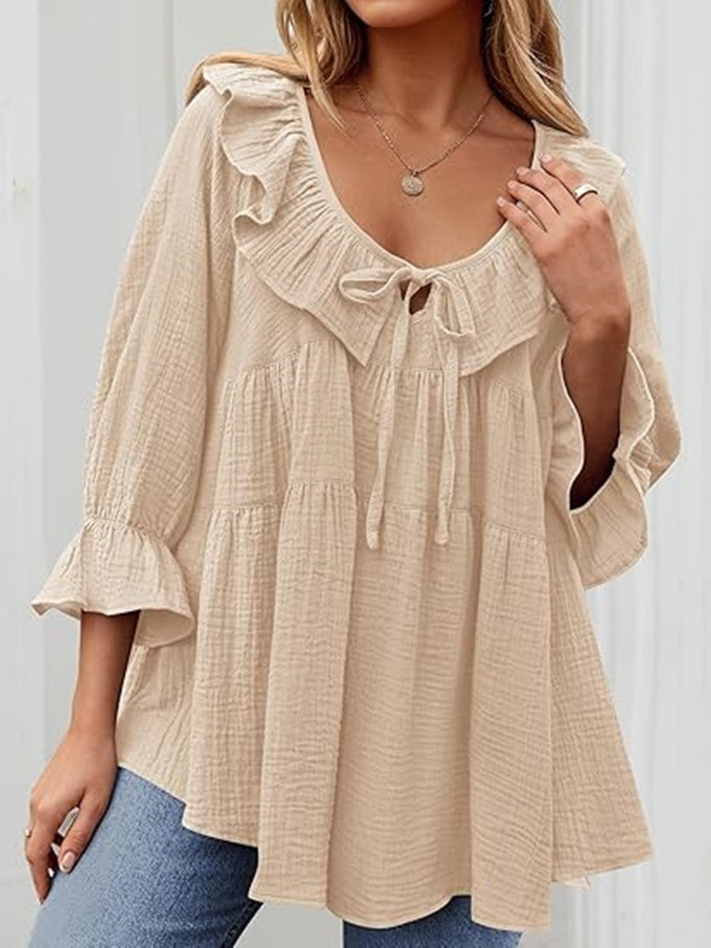 Women's 3/4 Sleeve Tie-Front Ruffled Babydoll Blouse