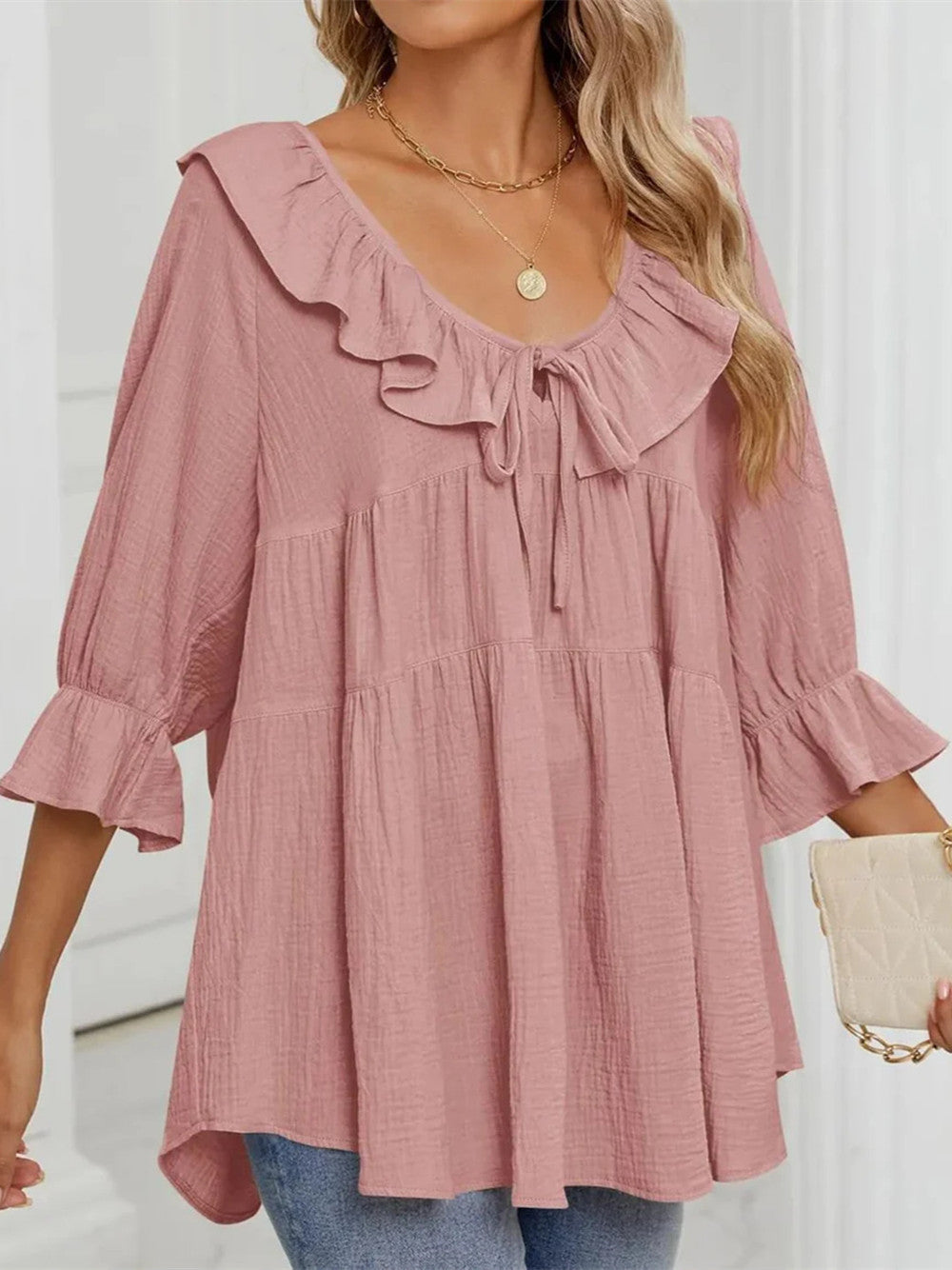 Women's 3/4 Sleeve Tie-Front Ruffled Babydoll Blouse