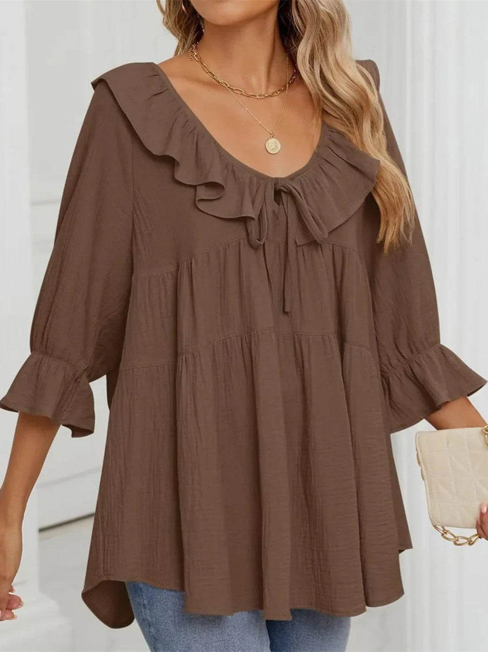 Women's 3/4 Sleeve Tie-Front Ruffled Babydoll Blouse