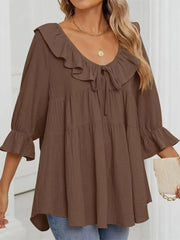 Women's 3/4 Sleeve Tie-Front Ruffled Babydoll Blouse
