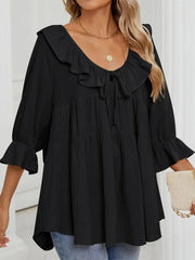 Women's 3/4 Sleeve Tie-Front Ruffled Babydoll Blouse