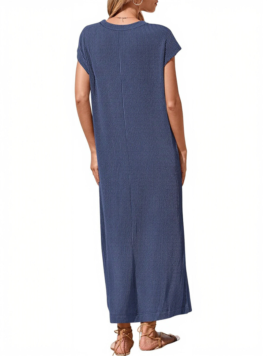 Women's Ribbed Henley Button Up Split Long Dress