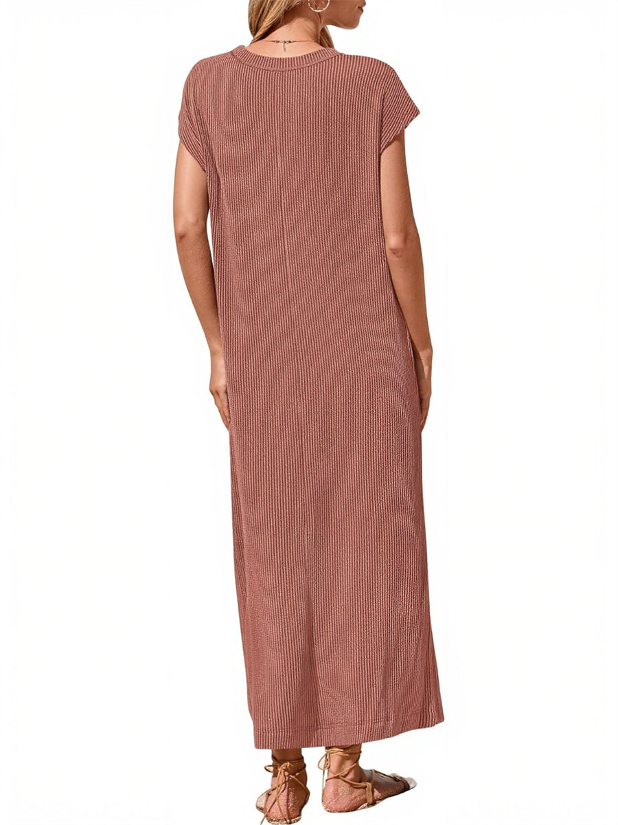 Women's Ribbed Henley Button Up Split Long Dress