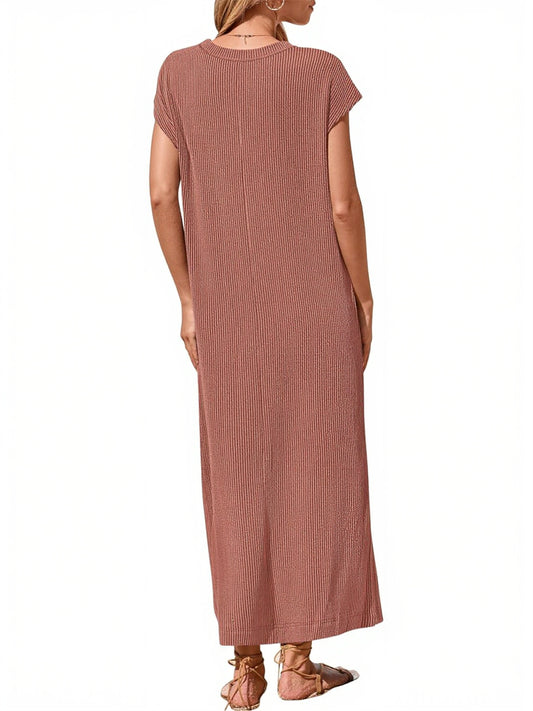 Women's Ribbed Henley Button Up Split Long Dress