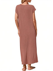 Women's Ribbed Henley Button Up Split Long Dress