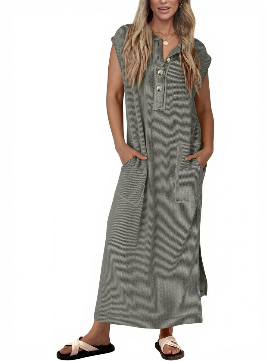 Women's Ribbed Henley Button Up Split Long Dress