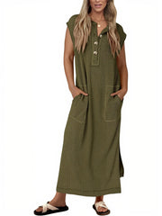Women's Ribbed Henley Button Up Split Long Dress