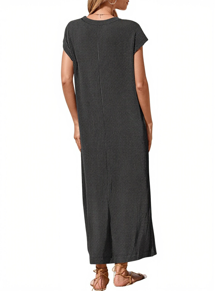 Women's Ribbed Henley Button Up Split Long Dress