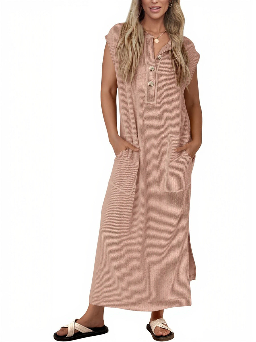 Women's Ribbed Henley Button Up Split Long Dress