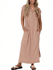 Women's Ribbed Henley Button Up Split Long Dress
