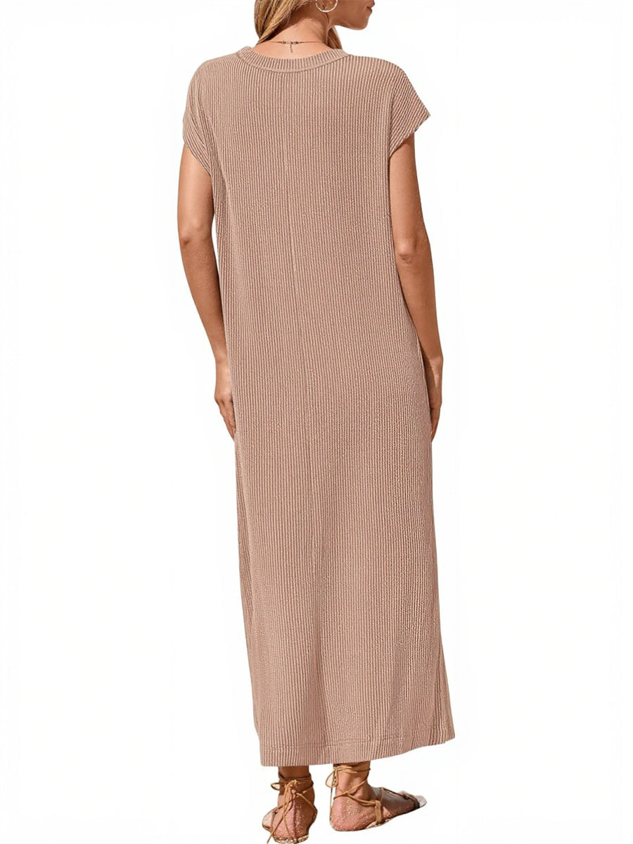 Women's Ribbed Henley Button Up Split Long Dress