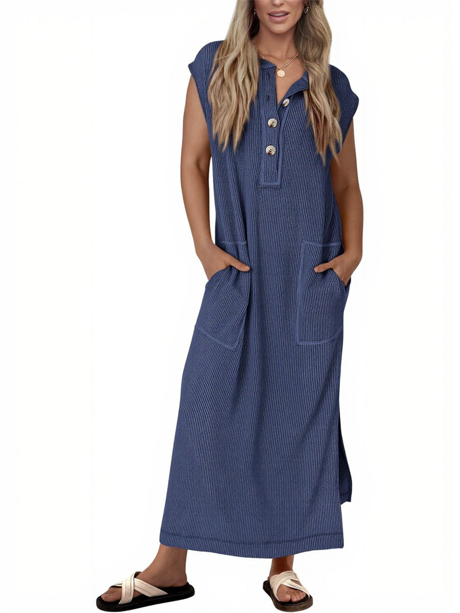 Women's Ribbed Henley Button Up Split Long Dress