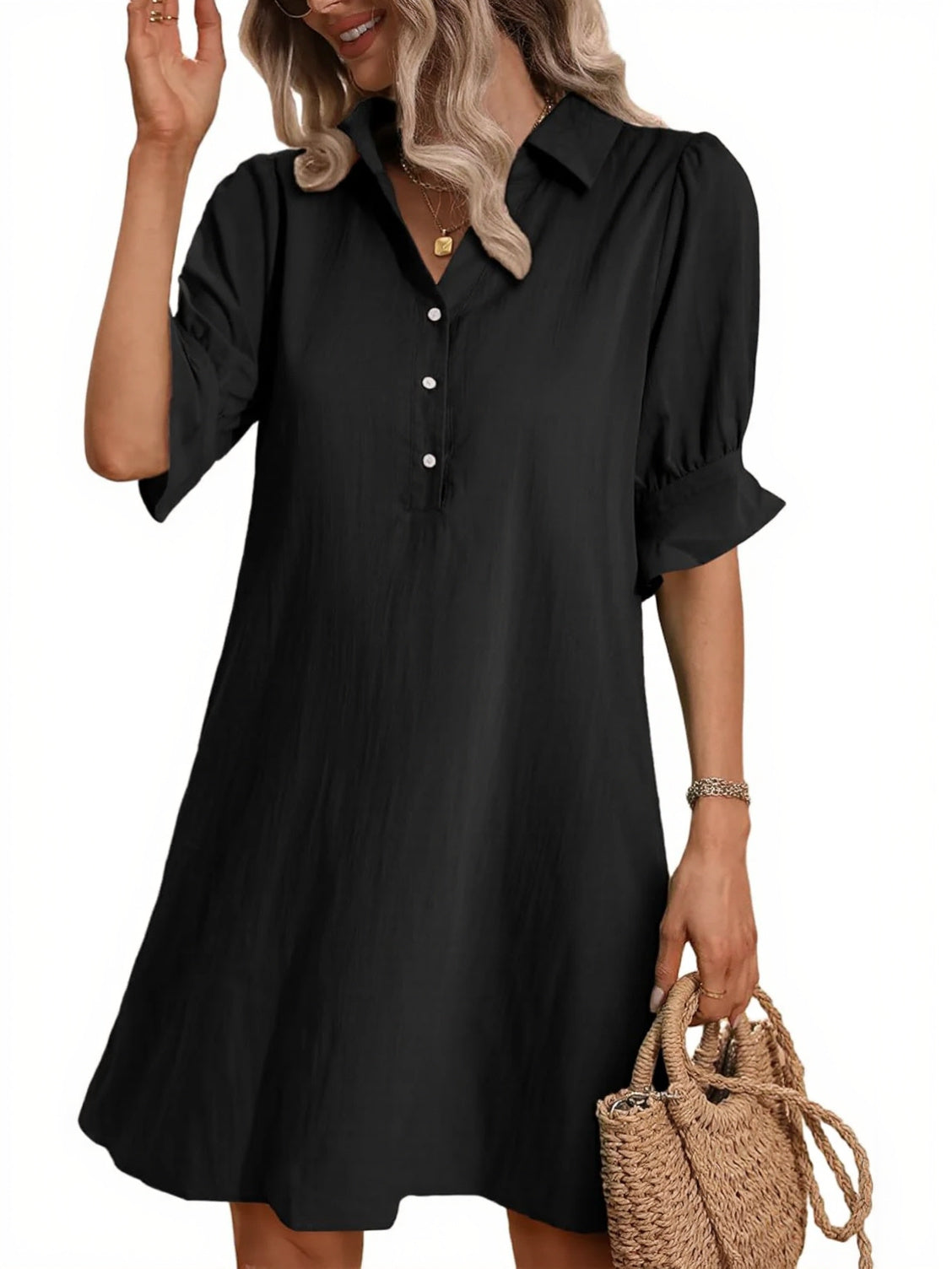 Women's Solid Ruffle Sleeve Button Down Shirt Dress