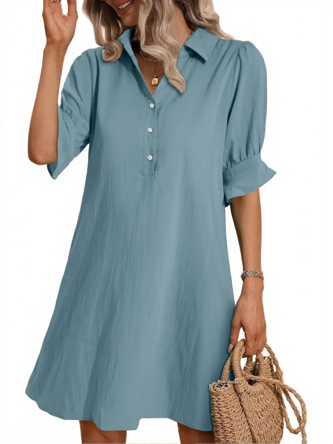 Women's Solid Ruffle Sleeve Button Down Shirt Dress