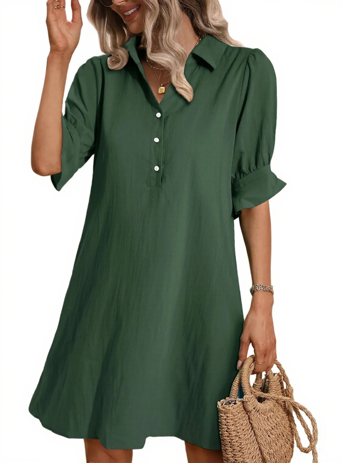 Women's Solid Ruffle Sleeve Button Down Shirt Dress