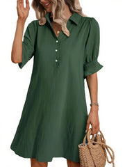 Women's Solid Ruffle Sleeve Button Down Shirt Dress