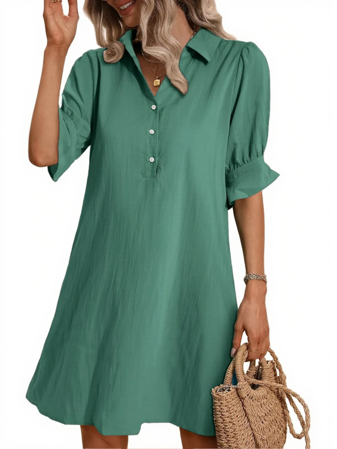Women's Solid Ruffle Sleeve Button Down Shirt Dress