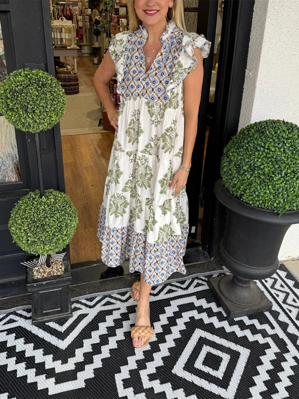 Women's Casual Printed Ruffle Sleeve Midi Dress