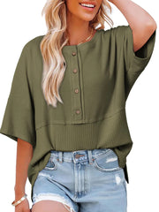 Women's 3/4 Sleeve Casual Button Down Waffle Knit Tops