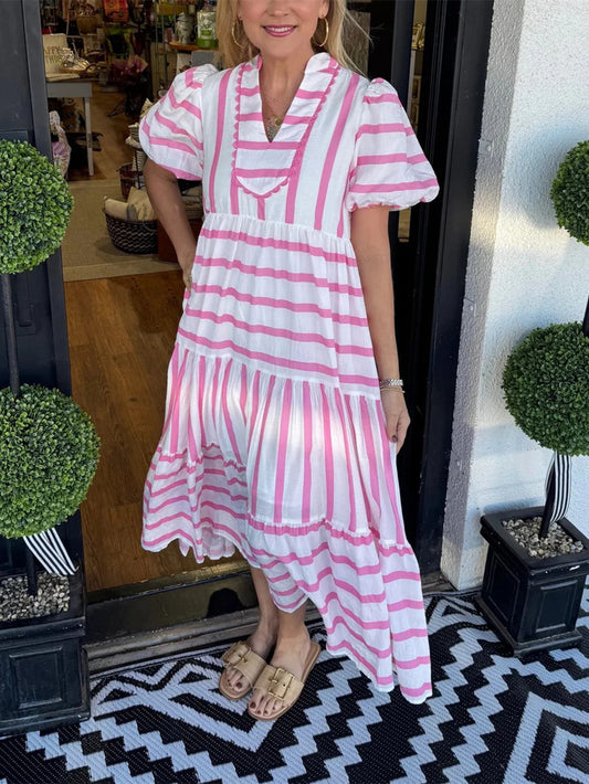 Women's Short Bubble Sleeve Striped Dress With Pockets