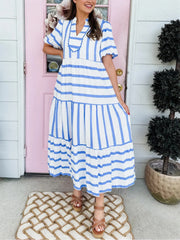 Women's Short Bubble Sleeve Striped Dress With Pockets