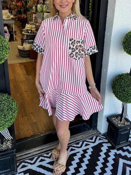 Women's Striped Animal Print Contrast Button Down Dress