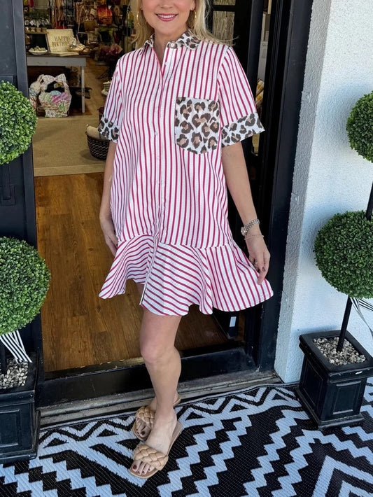 Women's Striped Animal Print Contrast Button Down Dress