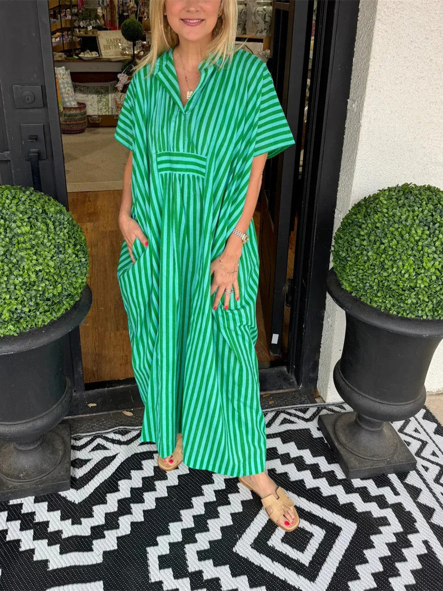 Women's V Neck Striped Shirt Dress