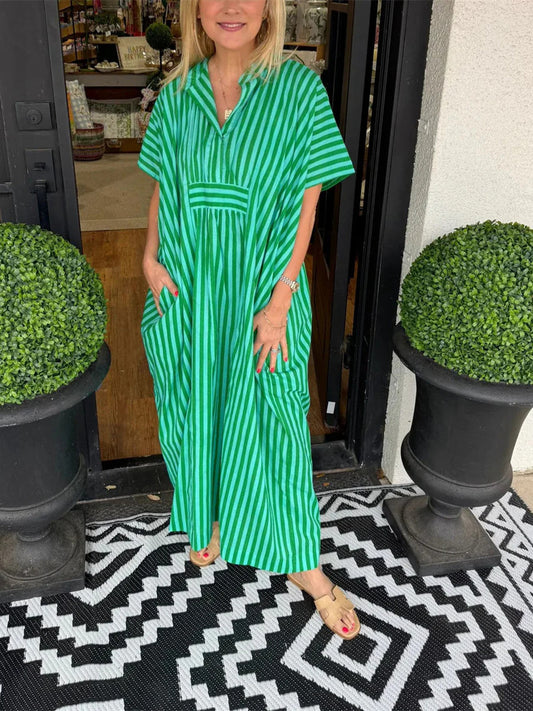 Women's V Neck Striped Shirt Dress