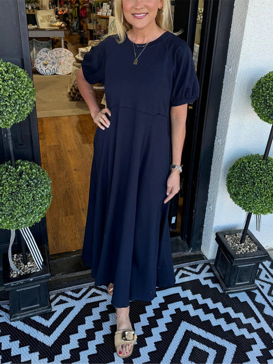 Women's Solid Puff Sleeve Long Dress With Pockets