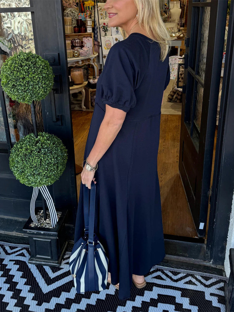 Women's Solid Puff Sleeve Long Dress With Pockets