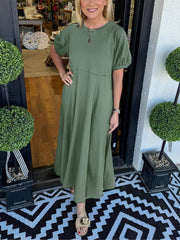 Women's Solid Puff Sleeve Long Dress With Pockets