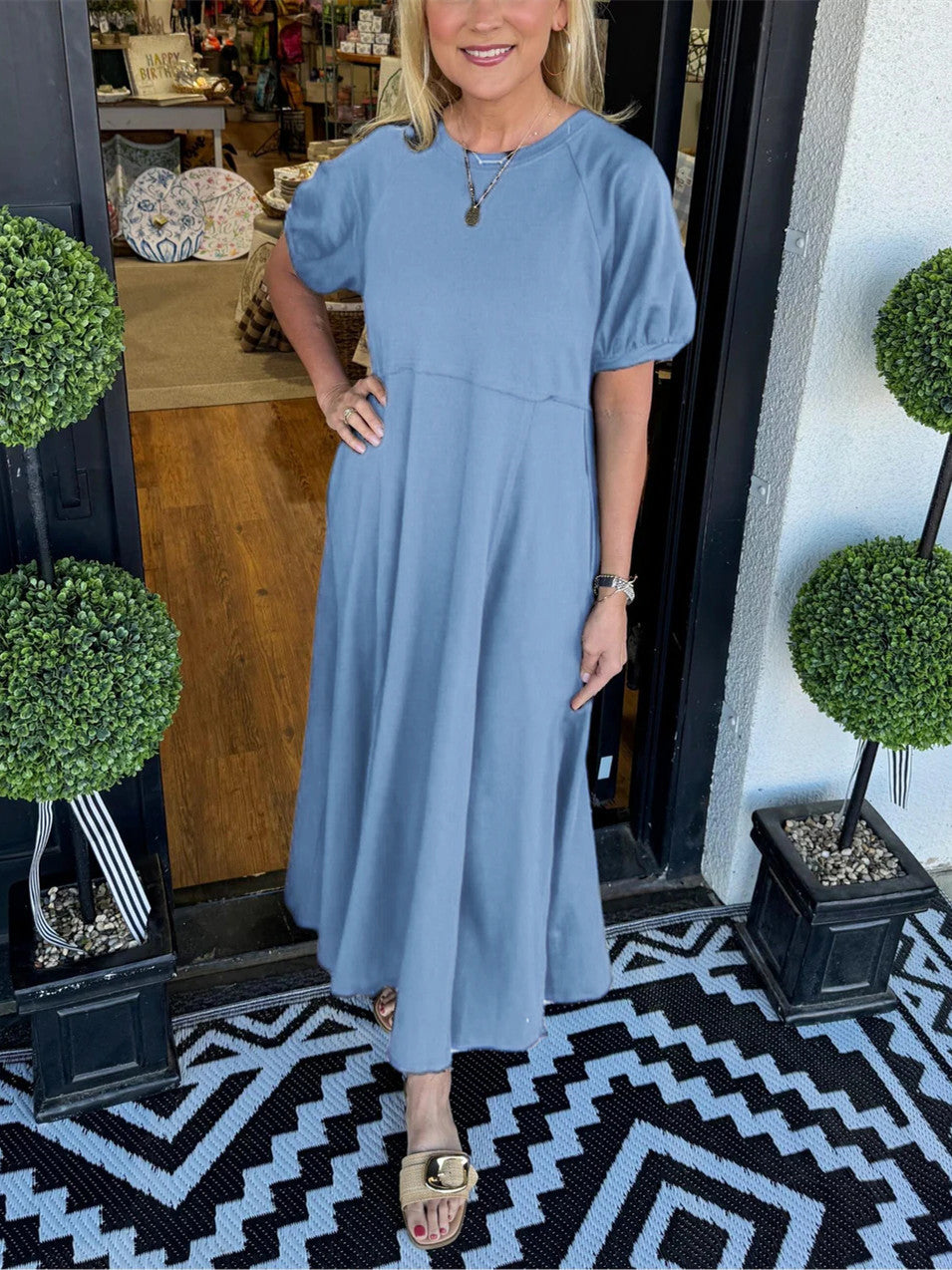 Women's Solid Puff Sleeve Long Dress With Pockets