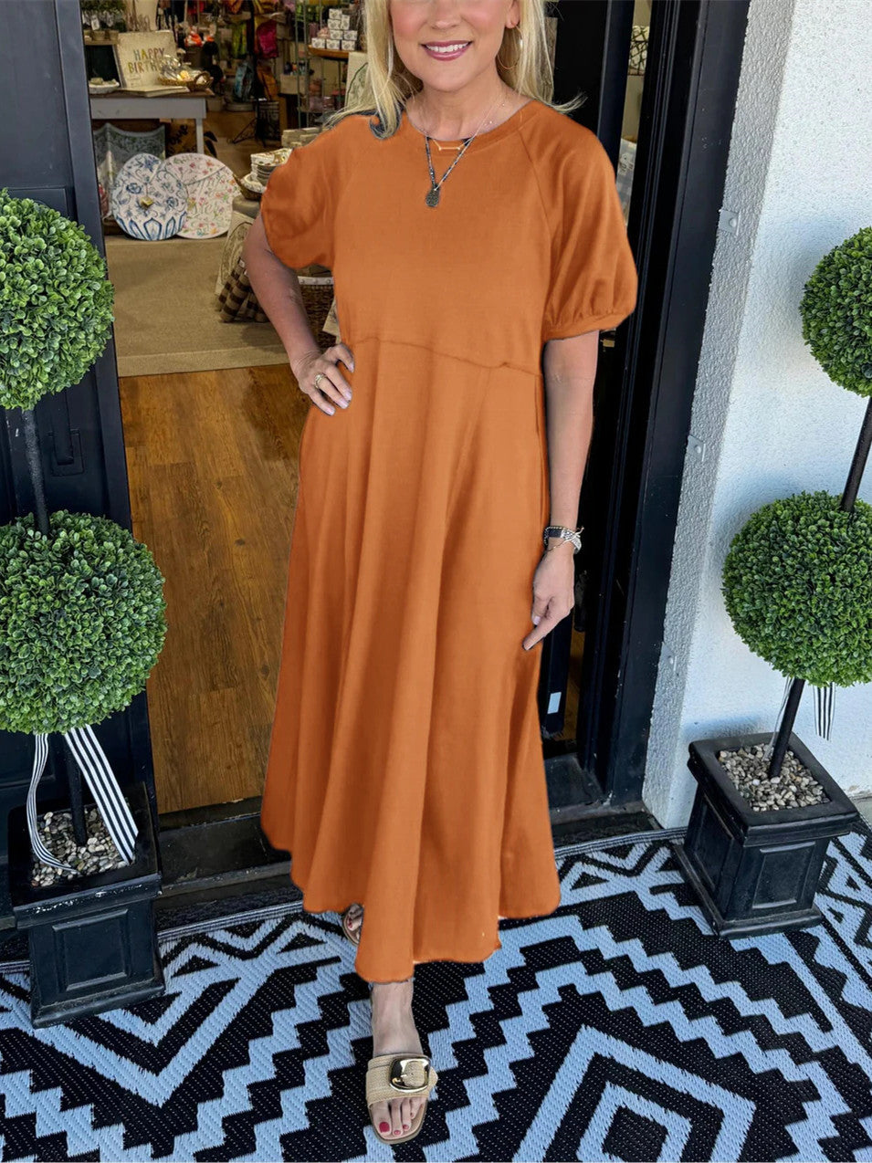 Women's Solid Puff Sleeve Long Dress With Pockets