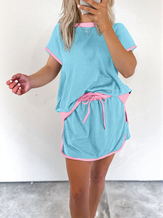 Women's Colorblock Edge Drop Shoulder T-Shirt Skort 2Pcs Set