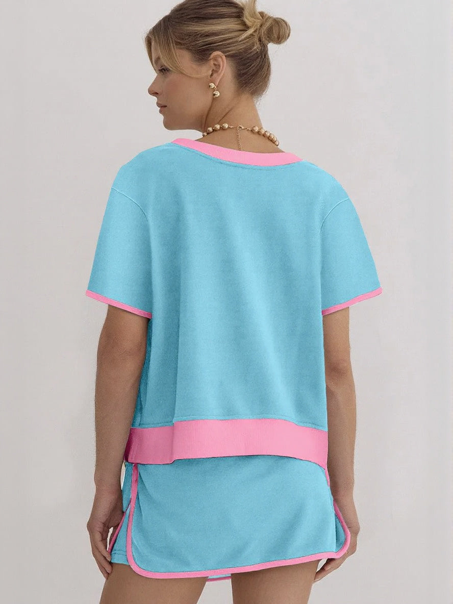 Women's Colorblock Edge Drop Shoulder T-Shirt Skort 2Pcs Set