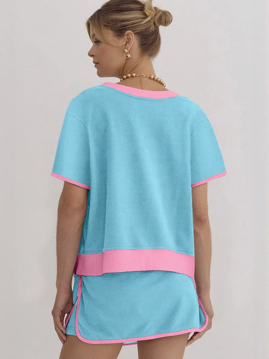 Women's Colorblock Edge Drop Shoulder T-Shirt Skort 2Pcs Set