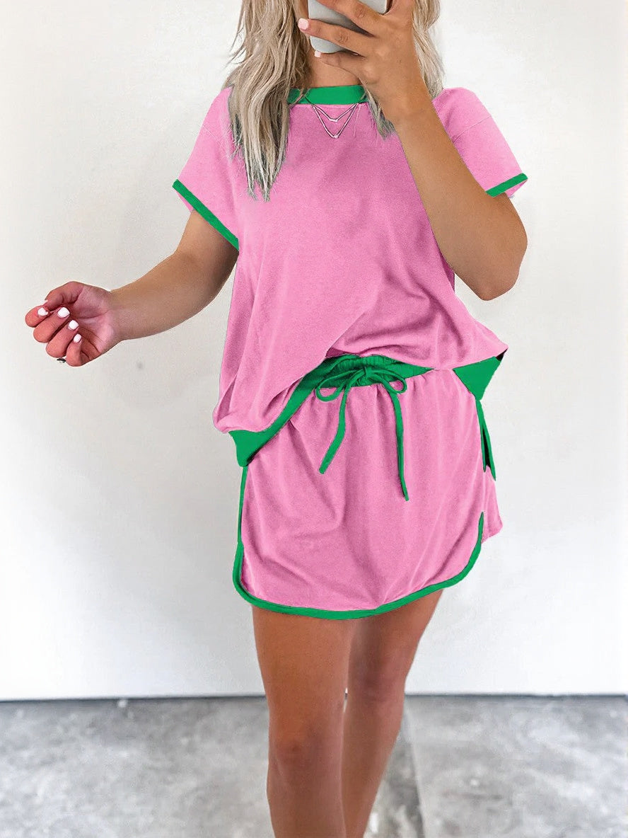 Women's Colorblock Edge Drop Shoulder T-Shirt Skort 2Pcs Set