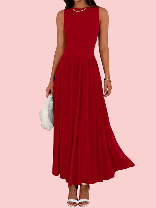 Women's Solid Sleeveless Ruched High Waisted Tank Dress with Pockets
