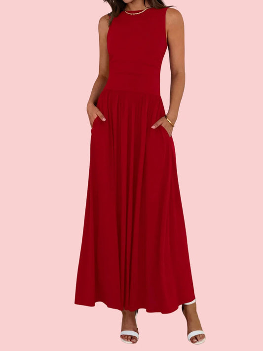 Women's Solid Sleeveless Ruched High Waisted Tank Dress with Pockets
